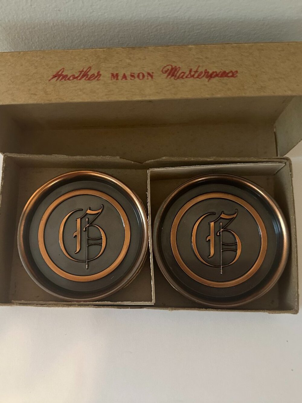 VTG Mason Bronze Metal Coasters Monogram "G" Initial Mid-Century Set Of 8